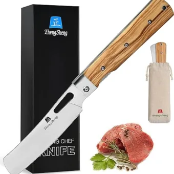 Folding Chef Knife 4.8” Ultra Sharp 440A Stainless Steel Blade Natural Olive Handle Pocket Foldable Japanese Style Kitchen Knife for Outdoor...