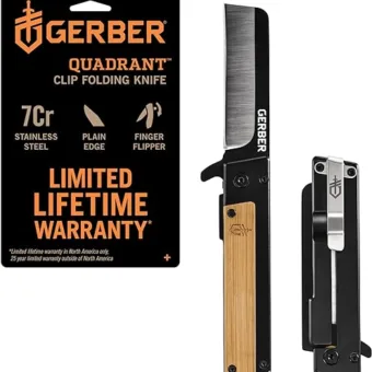 Gerber Gear Quadrant Clip Folding Knife with Plain Edge Blade - Straight Edge Flipper Knife with Pocket Clip and Bamboo Handle - EDC Gear and...