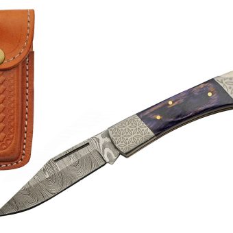 SZCO Supplies 8” Blue Wood Handle Damascus Steel Lock Back Folding Pocket Knife With Leather Sheath