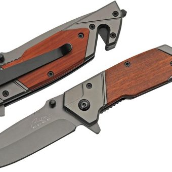 Szco Supplies 8” Wood Paneled Rescue Folding Knife with Seatbelt Cutter and Glass Breaker