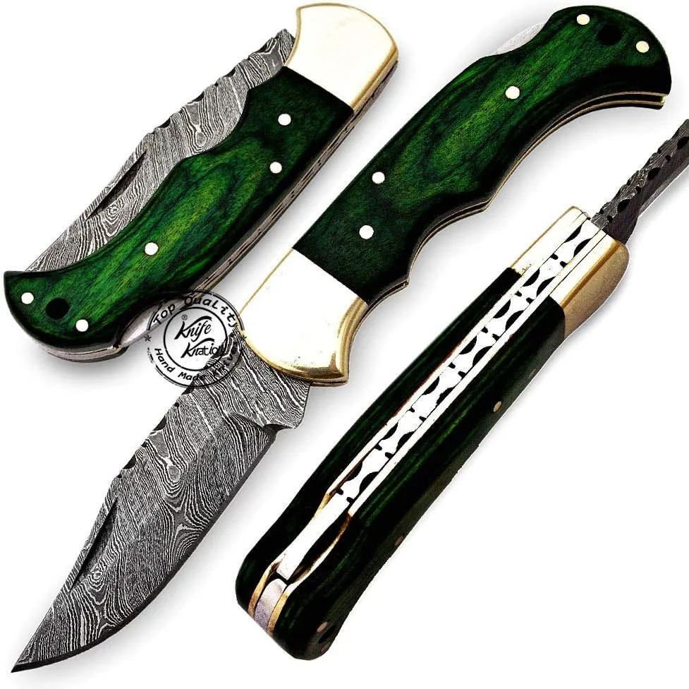 Green Wood 6.5'' 100% Handmade Damascus Steel Folding Pocket Knife 100% ...