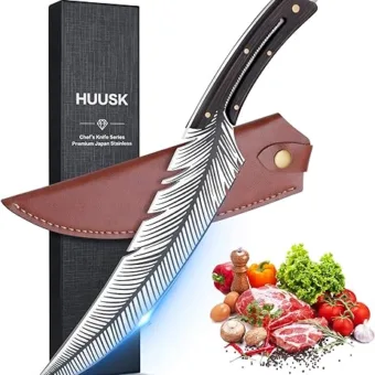 Huusk Sharp Feather Knife Hand Forged Viking High Carbon Steel Butcher Knife Boning knife for Meat Cutting Japanese Chef Cooking Knife with Sheath...