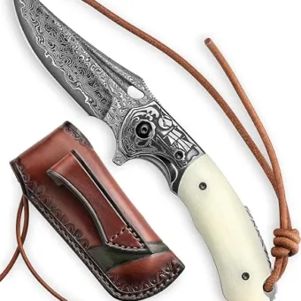 Traditional Folding Hunting Knife with Leather Sheath,3.2'' Handmade Damascus Steel Blade,Bone Handle Pocket Knives for Men Collection EDC, Puppis-02W