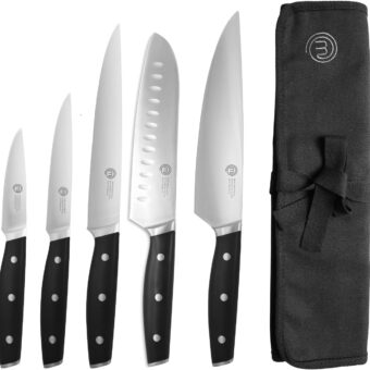 MasterChef Chef Knife Set with Bag, Knife Roll Set with 5 Professional Quality Kitchen Knives for Precision Home Cooking, High Carbon Stainless Steel Blades & Triple Riveted Handles