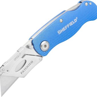 Sheffield 12113 Folding Utility Knife, Quick Change Utility Knife Blades, Compact Aluminum Handle, Box Cutter, Razor Blades Included