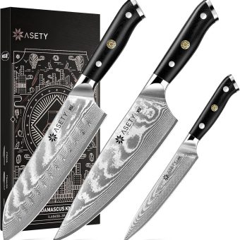 Damascus Knife Set 3 PCS, NSF Food-Safe Japanese Kitchen Knife Set with VG10 Steel Core, Ultra-Sharp Professional Chef Knife Set and Full Tang G10 Handle, Elegant Box