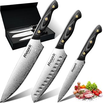 Huusk Damascus Chef Knife Set 3 PCS，VG10 Santoku Knife set，Damascus Kitchen Utility Knife set with Wooden Handle, Versatile Knife for Vegetable Fruit Meat, Birthday Dad Mom Gift