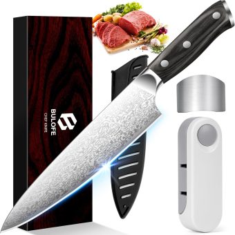 8" Professional Chef Knife, Super Sharp Chef's Knife with Finger Guard and Knife Sharpener, High Stainless Steel with Ergonomic Handle