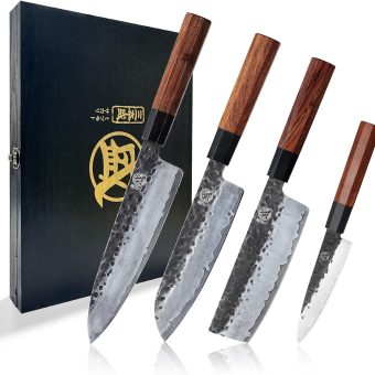 MITSUMOTO SAKARI Japanese Chef's Knife Set 4 Pcs, Professional Hand Forged Kitchen Chef Knife Set, High Carbon Ultra Sharp Cooking Chefs Knife Set (Rosewood Handle & Sandalwood Box)