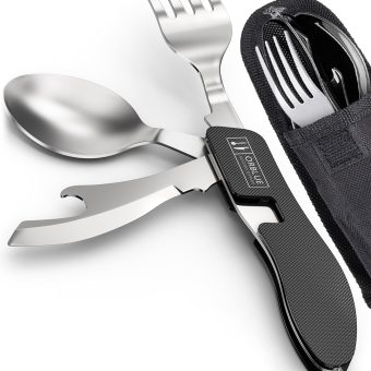 Orblue 4-in-1 Camping Utensils, 2-Pack, Portable Stainless Steel Spoon, Fork, Knife & Bottle Opener Combo Set - Travel, Backpacking Cutlery Multitool, Black