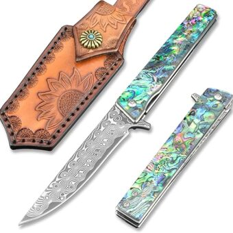 VALKNUT Damascus Pocket Knife, Handmade Hand Forged VG-10 Steel Folding Knives with Leather Sheath, 3-3/4 Inch Blade Pocket Knife for Outdoor...