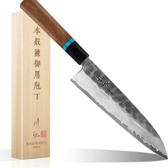 KAWAHIRO Japanese Chef Knife, 210mm Black Forged Kitchen Knife with Tri-Ply VG-10 Stainless Steel Blade, Professional Handcrafted Gyuto Chefs Knife, Ergonomic Handle Grip and Gift Wood Box