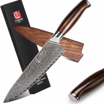 YARENH Damascus Chef Knife 8 Inch with Sheath, Professional Kitchen Knife, 73 Layers Damascus High Carbon Steel, Full Tang Sandalwood Handle, FYW Series