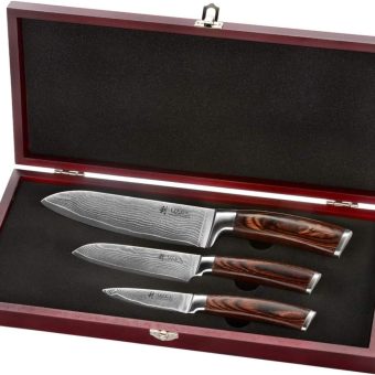 Wakoli Damascus Kitchen Knife Set, 3 Pieces Professional Chef Knife Set made from 67 Layers Damascus Steel with VG10 Core, Knives Set for Kitchen with Pakkawood Handles in Wooden Gift Box (EDIB 3-pcs)