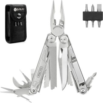 BIBURY Multitool BI2038A, 19-in-1 Stainless Steel Multi Tool with Fold-able Pliers, Screwdriver Sleeve, Scissors, Pocket Knife, Nylon Sheath, Muti-tool for Camping Survival Hiking Hunting Repairing