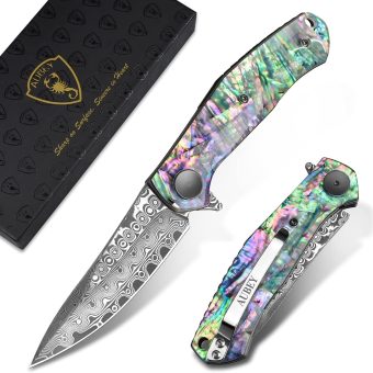 AUBEY Damascus Pocket Knife for Women Men, Sharp 3.23" Damascus Steel Blade Knife with Clip, EDC Hunting Knives with Abalone Shell Handle, Gift for Camping Outdoor