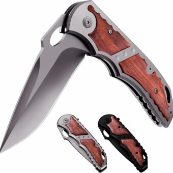 Grand Way Spring Assisted Knife - 5Cr15MoV Sharp Blade - Pocket Knife with Wood Handle - Tactical Folding Knives - Best for EDC Camping Survival - Birthday Gifts for Dad Men 97010