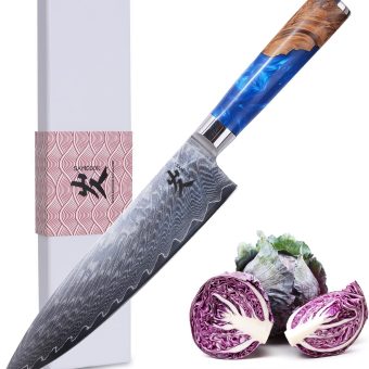 SAMCOOK Damascus Chef Knife - 8 Inch Professional Sharp Gyuto Knife - Japanese VG-10 High Carbon Stainless Steel Kitchen Cooking knife - Ergonomic Blue Resin Wood Handle with Gift Box