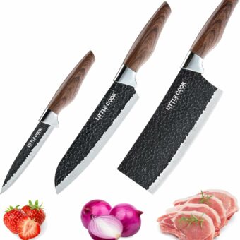 3PCS Chef Knife, Little Cook Chef Knife Set, Includes 7 inch Chef Knife, 7 inch Cleaver Knife and 4.5 inch Boning Knife, Premium Stainless Steel With Ergonomic Plastic Handle (Blackening technique)