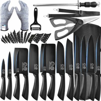 XYJ Knives,Professional Knife Sets for Master Chefs,Meat Cleaver Butcher for Camping,Chef Knife Set with Bag,Birthday Gifts for Women Men Presents (Full Black)