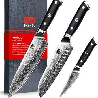 SHAN ZU Damascus Knife Set 3 PCS, Japanese Super Steel Damascus Kitchen Knife Set, High Carbon Professional Ultra-Sharp Chef Knife Set with G10 Handle, Gift Box