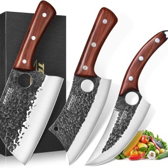 3PCS Butcher Knife Set, Hand Forged Serbian Chef Knife & Meat Cleaver Knife & Viking Knives, Meat Cutting Kitchen Knife Set for Home, Outdoor Cooking, Camping BBQ Gift Idea Men