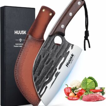 Huusk Japan Knives, Upgraded Serbian Chef Knife Japanese Meat Cleaver Knife for Meat Cutting Forged Butcher Knife with Sheath Full Tang Kitchen Chopping Knife for Home, Outdoor Cooking, Camping