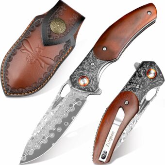 Damascus Pocket Knife with Sheath, 3.35" Damascus Steel Blade Knife with Wooden Handle, EDC Pocket Knives & Folding Knives for Outdoor Camping, Ideal Gifts for Men Women