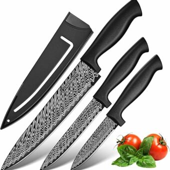 Chef Knife Set with Cover 3 Pcs, Black Kitchen Knife Set for Cooking, Sharp Small Kitchen Knives with Sheath, 8'' Chef Knife, 5'' Utility, 3.5''...