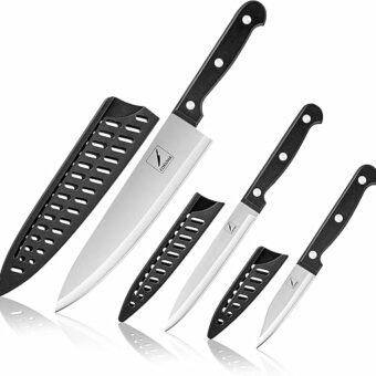 Kitchen Knife, 3-Pcs Knife Set With Sheath, 8 Inch Chef Knife, 4.5 Inch Utility Knife, 4 Inch Paring Chef Knife, Stainless Steel, Black